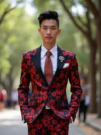 sharp and trendy man in Barcelona wearing a flamenco-inspired dress/suit, Park Güell in the background