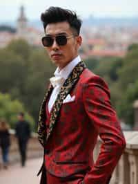 sharp and trendy man in Barcelona wearing a flamenco-inspired dress/suit, Park Güell in the background