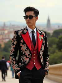 sharp and trendy man in Barcelona wearing a flamenco-inspired dress/suit, Park Güell in the background