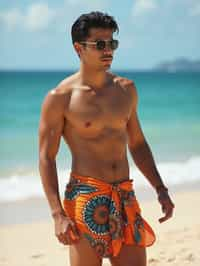 sharp and trendy man in Rio de Janeiro wearing a trendy swimsuit and sarong, Copacabana Beach in the background