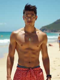 sharp and trendy man in Rio de Janeiro wearing a trendy swimsuit and sarong, Copacabana Beach in the background