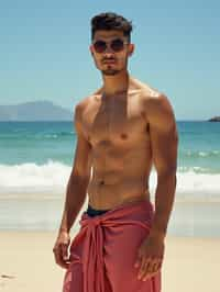 sharp and trendy man in Rio de Janeiro wearing a trendy swimsuit and sarong, Copacabana Beach in the background