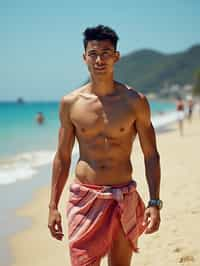 sharp and trendy man in Rio de Janeiro wearing a trendy swimsuit and sarong, Copacabana Beach in the background