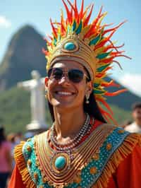 sharp and trendy man in Rio de Janeiro wearing a vibrant carnival-inspired costume, Christ the Redeemer statue in the background