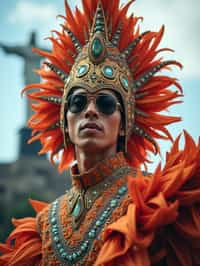 sharp and trendy man in Rio de Janeiro wearing a vibrant carnival-inspired costume, Christ the Redeemer statue in the background