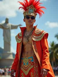 sharp and trendy man in Rio de Janeiro wearing a vibrant carnival-inspired costume, Christ the Redeemer statue in the background