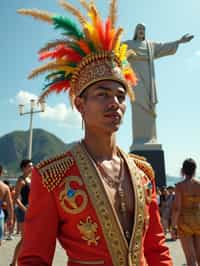 sharp and trendy man in Rio de Janeiro wearing a vibrant carnival-inspired costume, Christ the Redeemer statue in the background