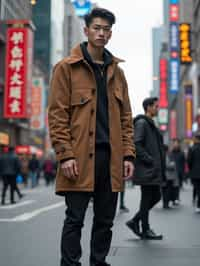 sharp and trendy man in Shanghai wearing a contemporary streetwear outfit, Nanjing Road in the background