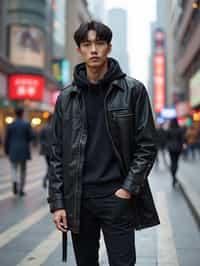 sharp and trendy man in Shanghai wearing a contemporary streetwear outfit, Nanjing Road in the background