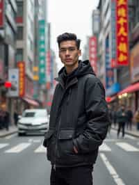 sharp and trendy man in Shanghai wearing a contemporary streetwear outfit, Nanjing Road in the background