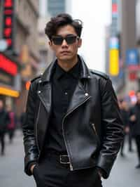 sharp and trendy man in Shanghai wearing a contemporary streetwear outfit, Nanjing Road in the background