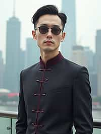 sharp and trendy man in Shanghai wearing a traditional qipao/mandarin-collar suit, modern skyline in the background