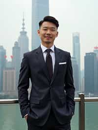 sharp and trendy man in Shanghai wearing a traditional qipao/mandarin-collar suit, modern skyline in the background