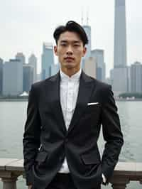 sharp and trendy man in Shanghai wearing a traditional qipao/mandarin-collar suit, modern skyline in the background