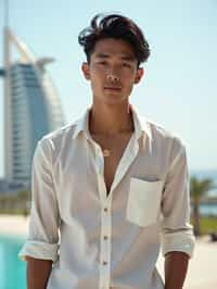 sharp and trendy man in Dubai wearing a stylish sundress/linen shirt, the Atlantis hotel in the background