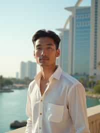 sharp and trendy man in Dubai wearing a stylish sundress/linen shirt, the Atlantis hotel in the background