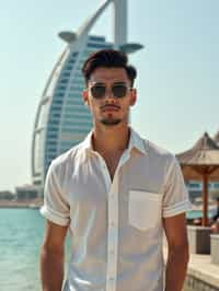 sharp and trendy man in Dubai wearing a stylish sundress/linen shirt, the Atlantis hotel in the background