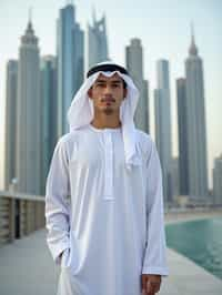 sharp and trendy man in Dubai wearing a modern, chic abaya/thobe, skyscrapers of Dubai in the background