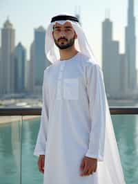 sharp and trendy man in Dubai wearing a modern, chic abaya/thobe, skyscrapers of Dubai in the background