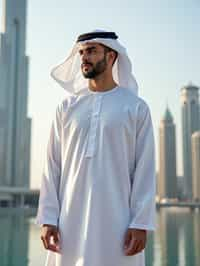 sharp and trendy man in Dubai wearing a modern, chic abaya/thobe, skyscrapers of Dubai in the background