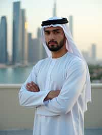 sharp and trendy man in Dubai wearing a modern, chic abaya/thobe, skyscrapers of Dubai in the background