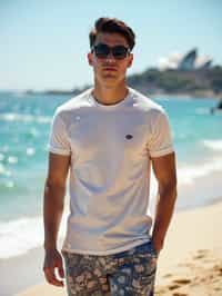 sharp and trendy man in Sydney wearing a summer dress/shorts and t-shirt, Bondi Beach in the background