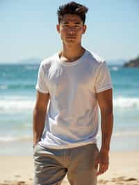 sharp and trendy man in Sydney wearing a summer dress/shorts and t-shirt, Bondi Beach in the background