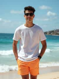 sharp and trendy man in Sydney wearing a summer dress/shorts and t-shirt, Bondi Beach in the background