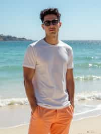 sharp and trendy man in Sydney wearing a summer dress/shorts and t-shirt, Bondi Beach in the background