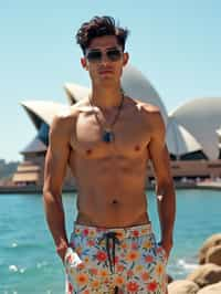 sharp and trendy man in Sydney wearing a surf-inspired outfit, Sydney Opera House in the background