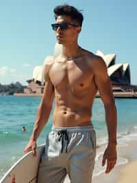 sharp and trendy man in Sydney wearing a surf-inspired outfit, Sydney Opera House in the background