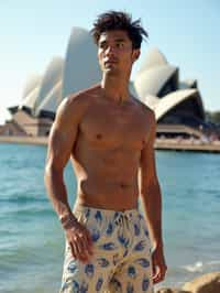 sharp and trendy man in Sydney wearing a surf-inspired outfit, Sydney Opera House in the background