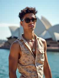 sharp and trendy man in Sydney wearing a surf-inspired outfit, Sydney Opera House in the background