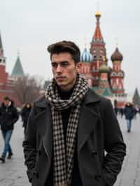 sharp and trendy man in Moscow wearing a stylish coat and scarf, Saint Basil's Cathedral in the background