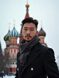 sharp and trendy man in Moscow wearing a stylish coat and scarf, Saint Basil's Cathedral in the background