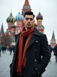 sharp and trendy man in Moscow wearing a stylish coat and scarf, Saint Basil's Cathedral in the background