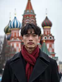 sharp and trendy man in Moscow wearing a stylish coat and scarf, Saint Basil's Cathedral in the background