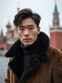 sharp and trendy man in Moscow wearing a faux fur coat, Kremlin in the background