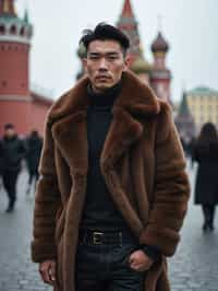 sharp and trendy man in Moscow wearing a faux fur coat, Kremlin in the background