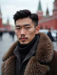 sharp and trendy man in Moscow wearing a faux fur coat, Kremlin in the background