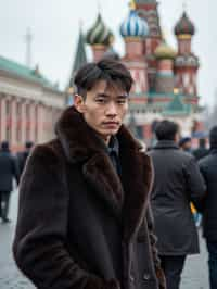 sharp and trendy man in Moscow wearing a faux fur coat, Kremlin in the background