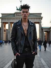 sharp and trendy man in Berlin wearing a punk-inspired outfit, Brandenburg Gate in the background