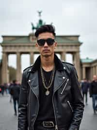 sharp and trendy man in Berlin wearing a punk-inspired outfit, Brandenburg Gate in the background