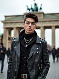 sharp and trendy man in Berlin wearing a punk-inspired outfit, Brandenburg Gate in the background