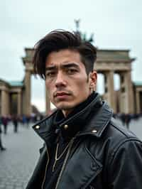 sharp and trendy man in Berlin wearing a punk-inspired outfit, Brandenburg Gate in the background