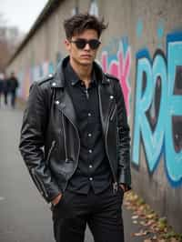 sharp and trendy man in Berlin wearing a grunge-inspired outfit, Berlin Wall in the background