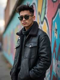 sharp and trendy man in Berlin wearing a grunge-inspired outfit, Berlin Wall in the background