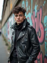 sharp and trendy man in Berlin wearing a grunge-inspired outfit, Berlin Wall in the background