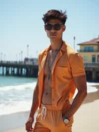 sharp and trendy man in Los Angeles wearing a trendy beach outfit, Santa Monica pier in the background