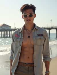 sharp and trendy man in Los Angeles wearing a trendy beach outfit, Santa Monica pier in the background